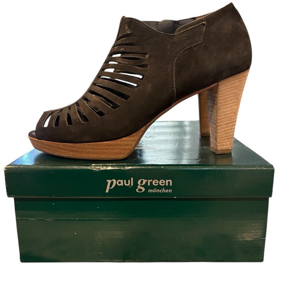 Paul Green Tasha Black Suede Peep Toe Ankle Booties Strappy Platform Heels 4.5